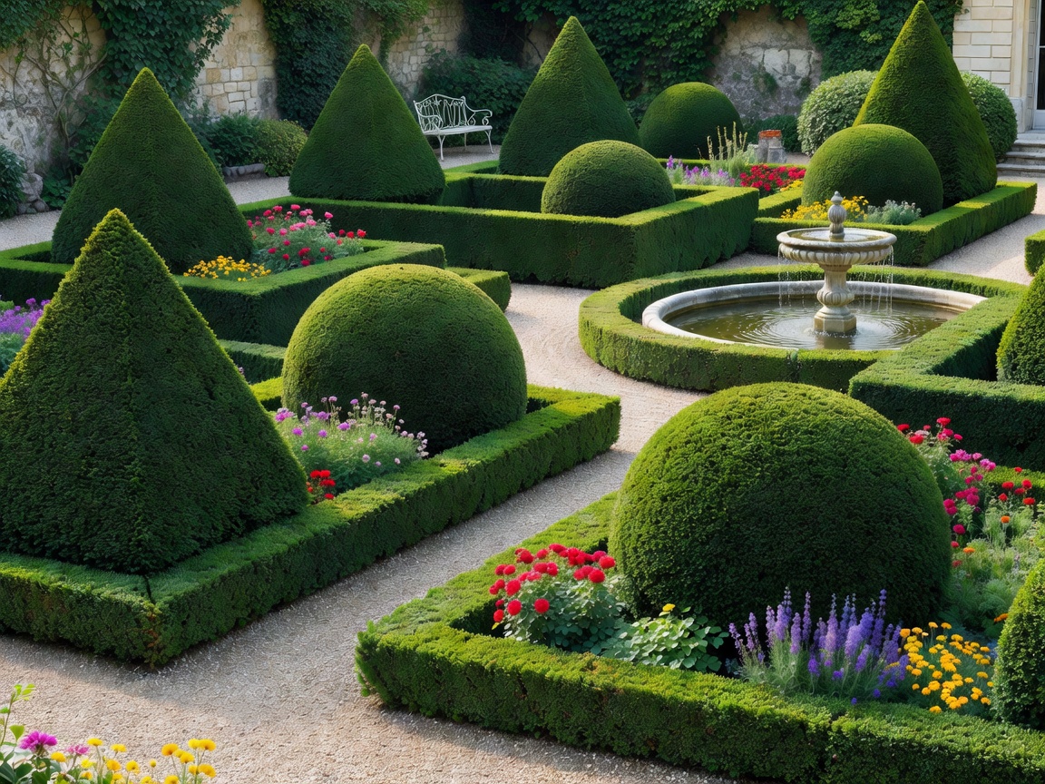 Beautifully maintained European garden with perfectly shaped hedges
