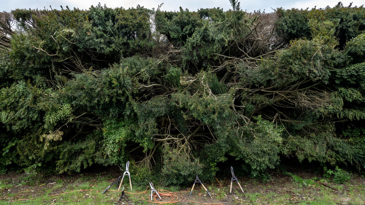 Large mature overgrown hedge being prepared for reduction
