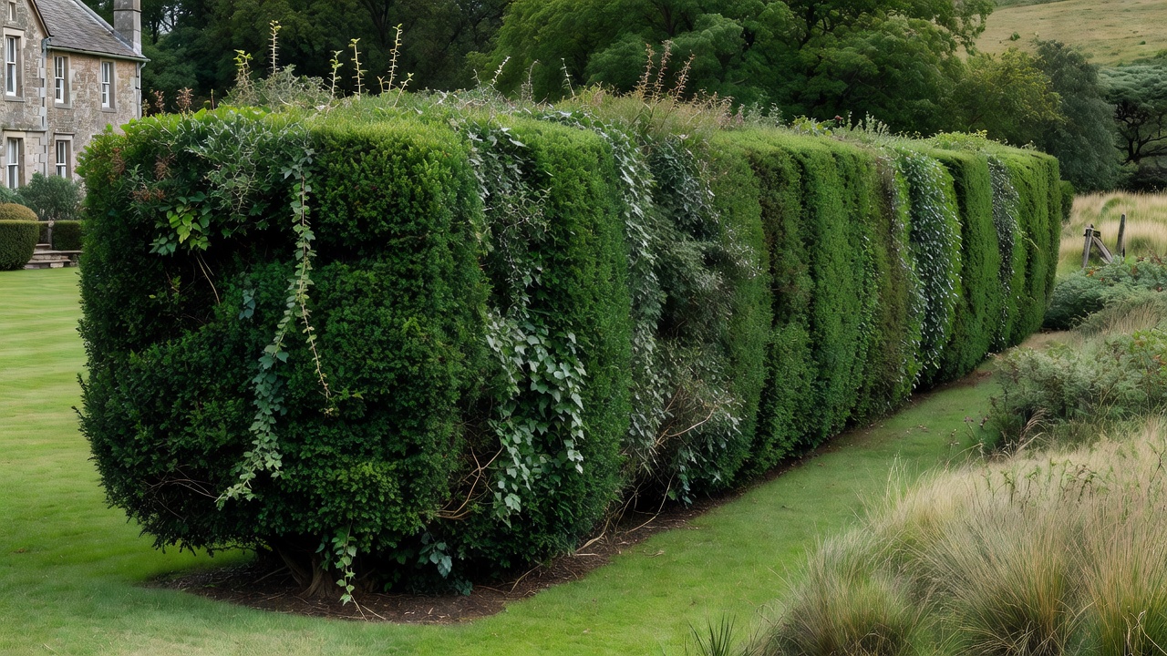 Long dense boundary hedge dividing a property