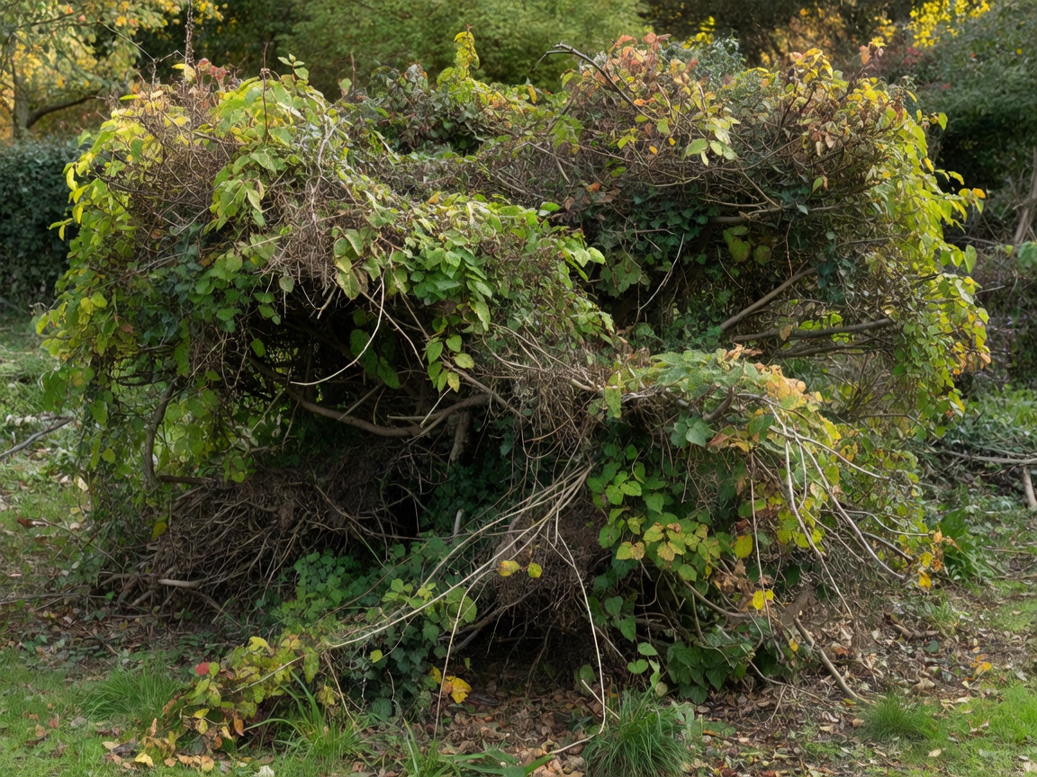 Overgrown and uneven garden hedge before maintenance
