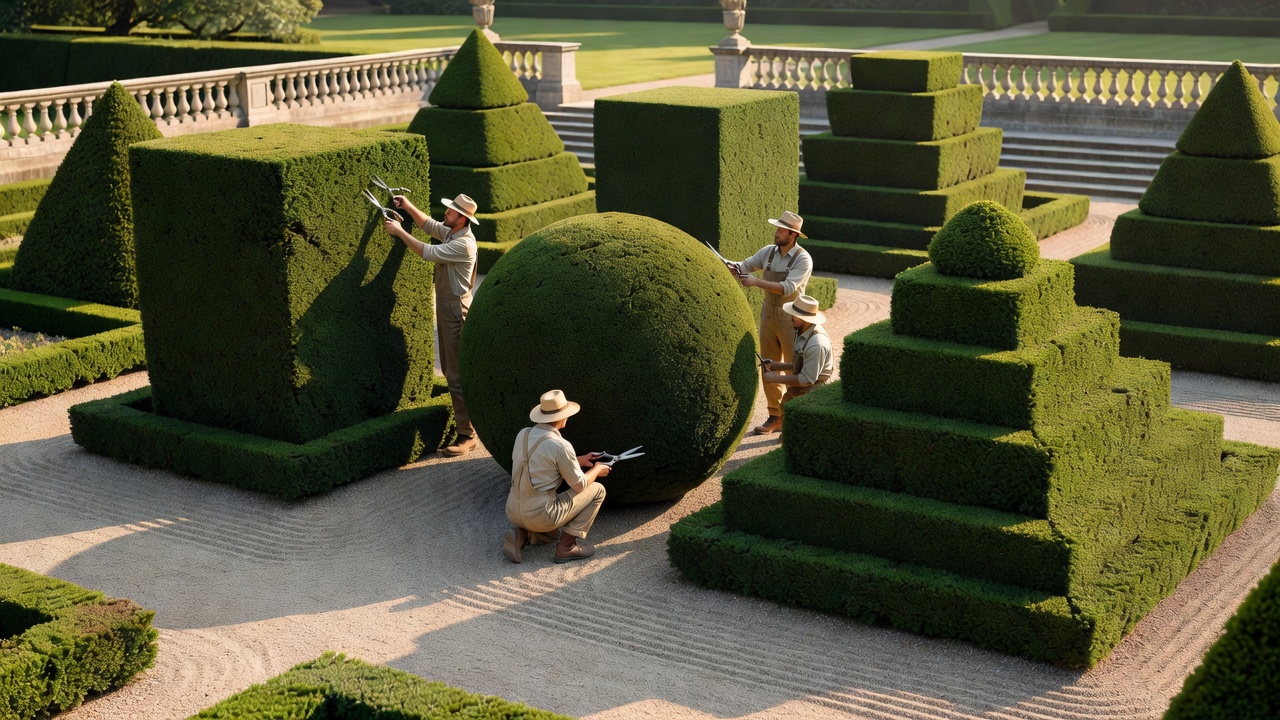 Precision topiary hedge shaping in a formal garden