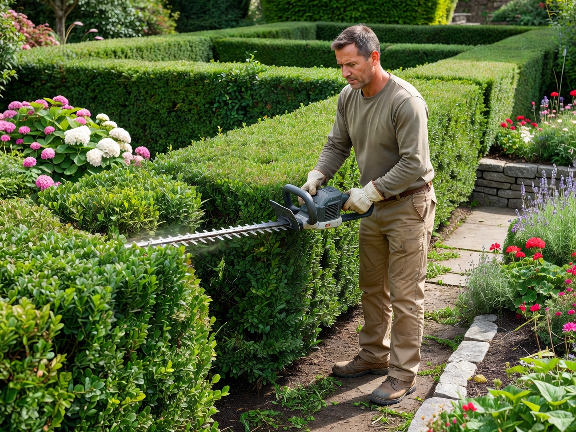 Professional landscaper actively trimming hedge