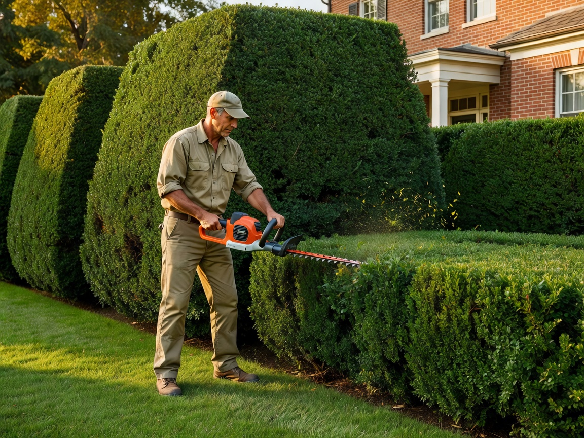 Professional landscaper precisely trimming a tall residential formal hedge